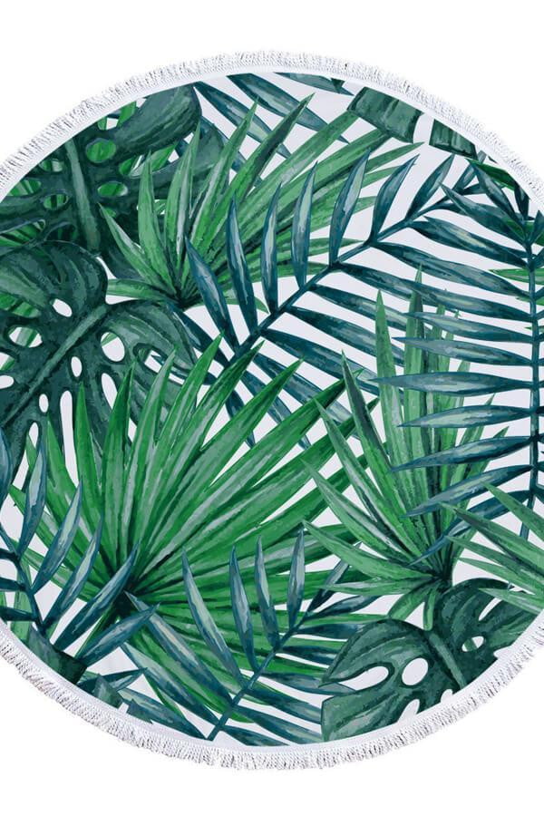Green Leaves Print Round Beach Blanket