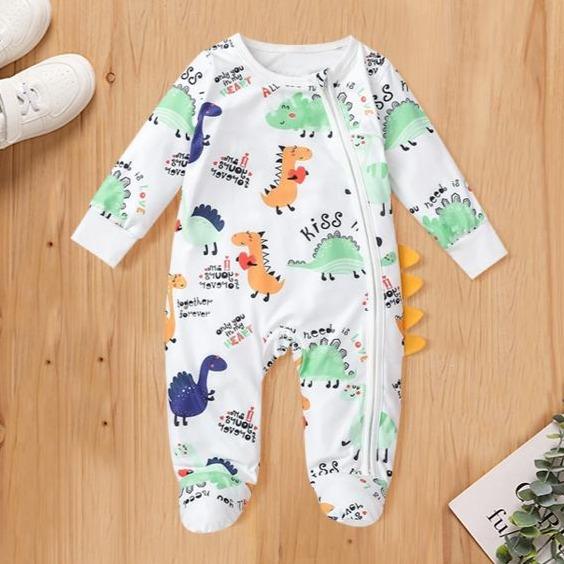 Lovely Newborn Baby Autumn And Winter Cartoon Dinosaur Printed Long-sleeve Jumpsuit