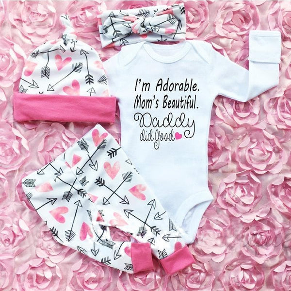 4 Pcs Newborn Baby Girls Clothes Hearts And Arrow Pattern Romper Outfit Pants Set +Hat+Headband - MomyMall