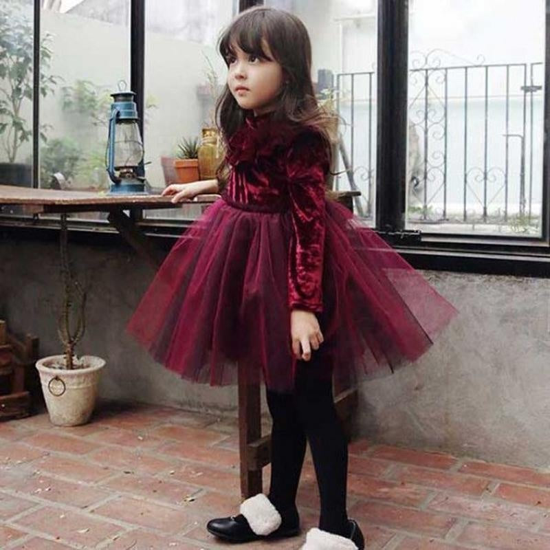 Girls Velvet Party Princess Autumn Ruffle Tulle Dresses