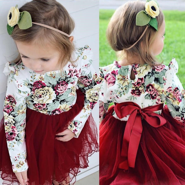 Girls Long Sleeve Flower Tulle Bow Christmas Dresses - MomyMall