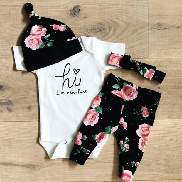 4PCS Baby Girl “Hi，I‘m new here” Letter Printed Romper With Pants Baby Set - MomyMall White / 0-3 Months