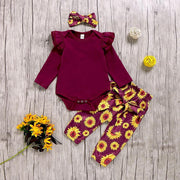 3PCS Sunflower Flutter-sleeve Bodysuit+ Pants +Headband Set - MomyMall