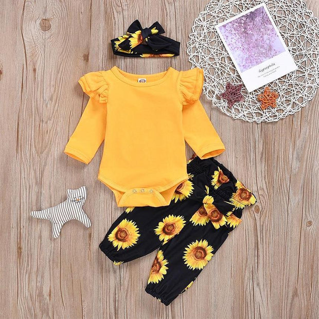 3PCS Sunflower Flutter-sleeve Bodysuit+ Pants +Headband Set - MomyMall Yellow / 6-12 Months