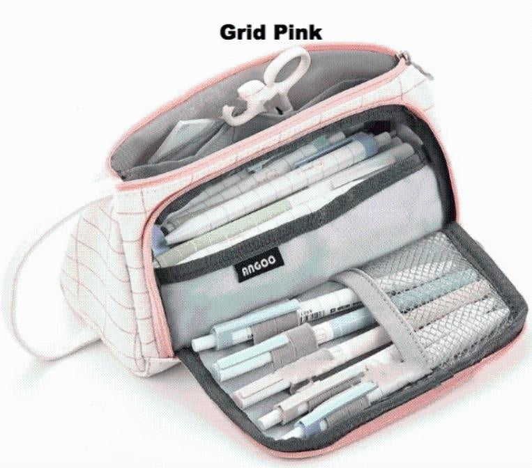 Pouched Stationery Organiser Pencil Case - MomyMall Grid Pink