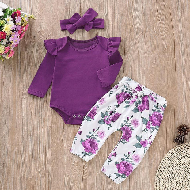 3PCS Lovely Solid Floral Panted Baby Set - MomyMall Purple / 3-6 Months