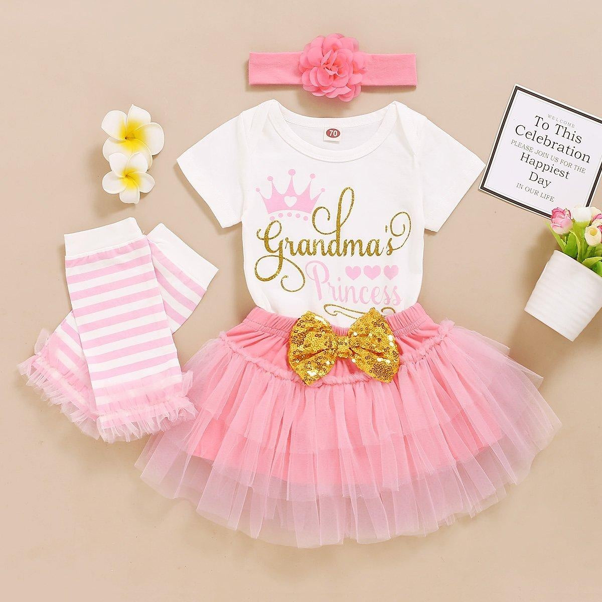 4PCS Letter Printed Romper With Pompous Skirt Baby Set