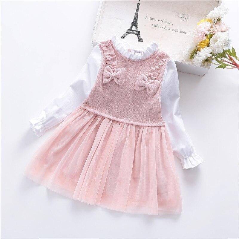 Kleinkind Mädchen Kleid Frühling Herbst Stricken Mesh Prinzessin Kleider 1-6 Jahre