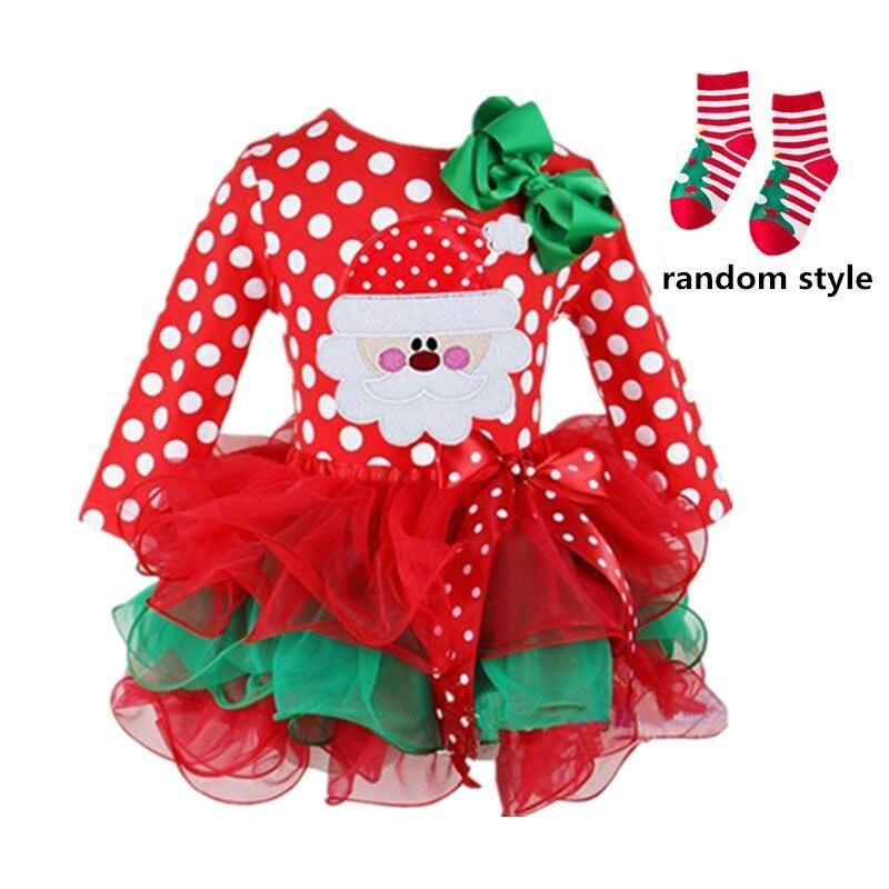 Girls Christmas Costume Santa Claus Long Sleeve Winter Girl Dress 2-6 Years - MomyMall Dress+Sock 2 / 1-2 Years