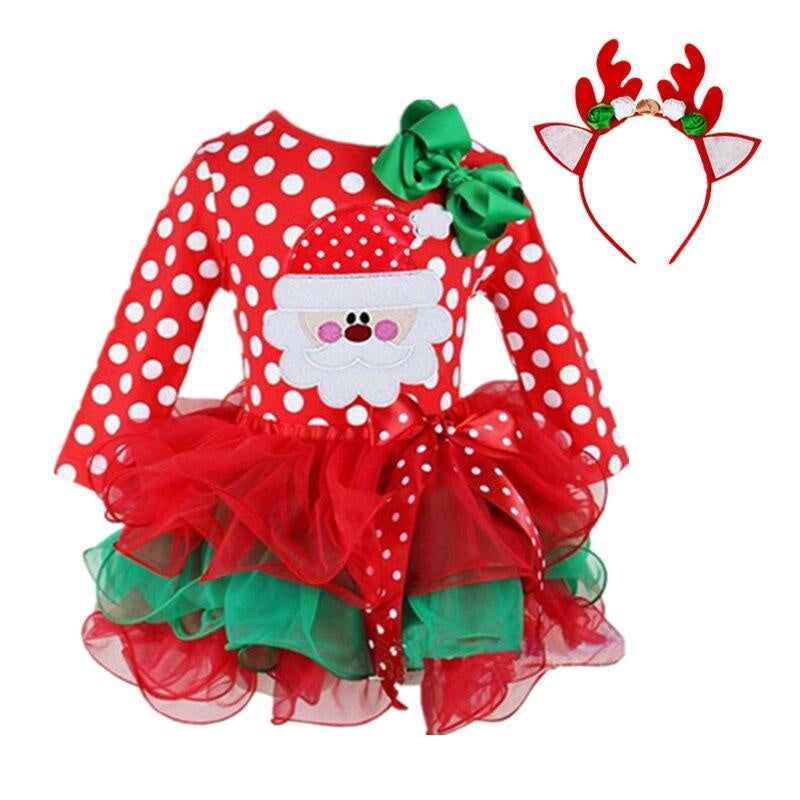 Girls Christmas Costume Santa Claus Long Sleeve Winter Girl Dress 2-6 Years - MomyMall Dress+Headband 2 / 1-2 Years