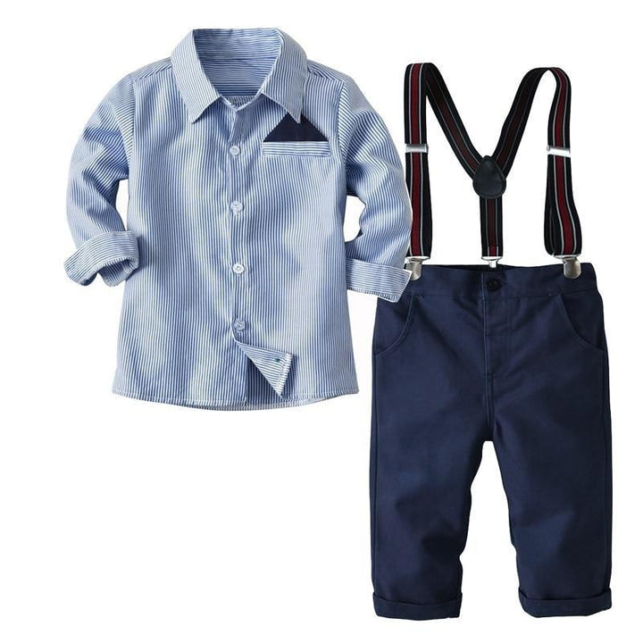 Boys Striped Costume Autumn Long Sleeves Shirt Suspender Trouser 2 Pcs Set - MomyMall