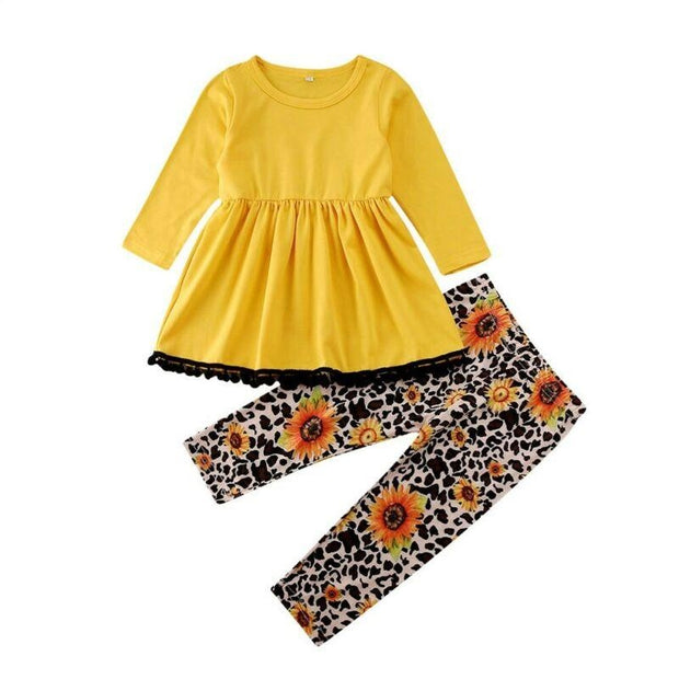 Toddler Kids Baby Girl Outfits Yellow Long Sleeve Autumn 2 Pcs - MomyMall