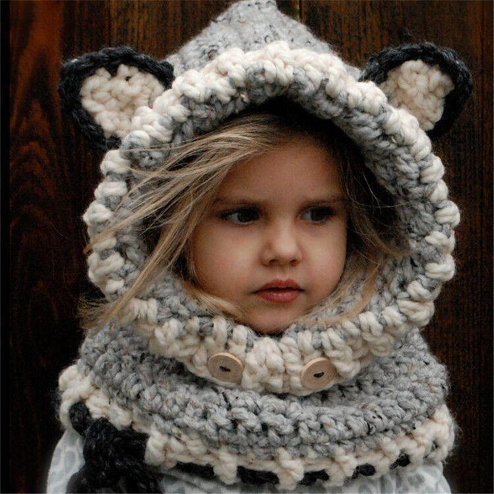 Girl Christmas Fox Ear Winter Hat Windproof Hats Scarf Cap - MomyMall Gray