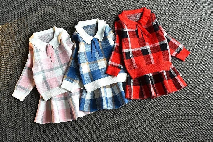 Girl Baby Knitting Clothing Set Winter Fashion Plaid Sweaters+Skirt 2 Pcs - MomyMall