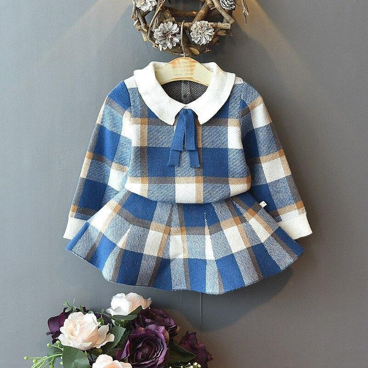 Girl Baby Knitting Clothing Set Winter Fashion Plaid Sweaters+Skirt 2 Pcs - MomyMall Blue / 12-18 Months