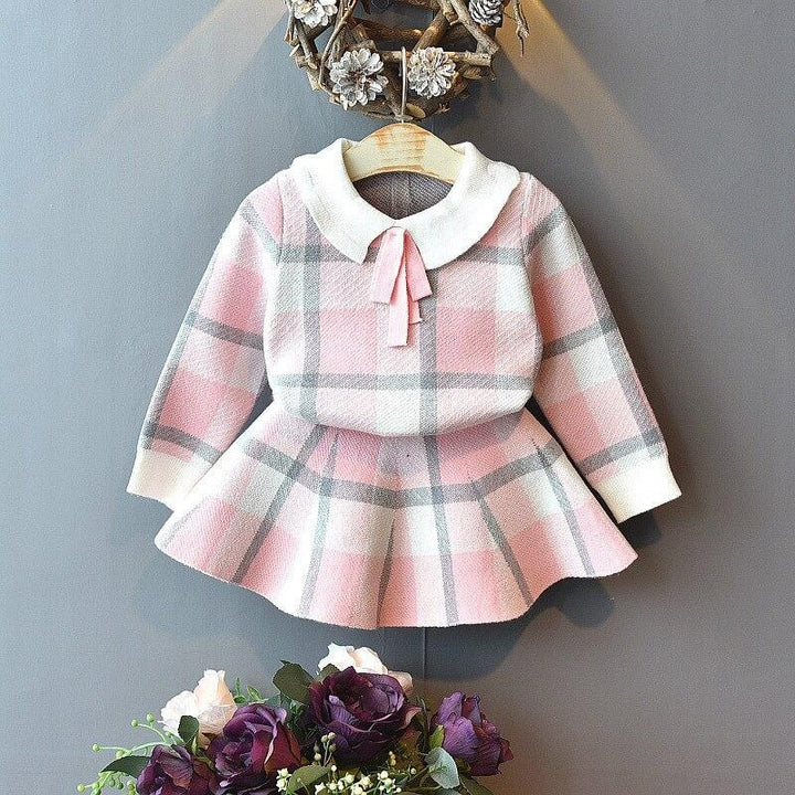 Girl Baby Knitting Clothing Set Winter Fashion Plaid Sweaters+Skirt 2 Pcs - MomyMall Pink / 12-18 Months
