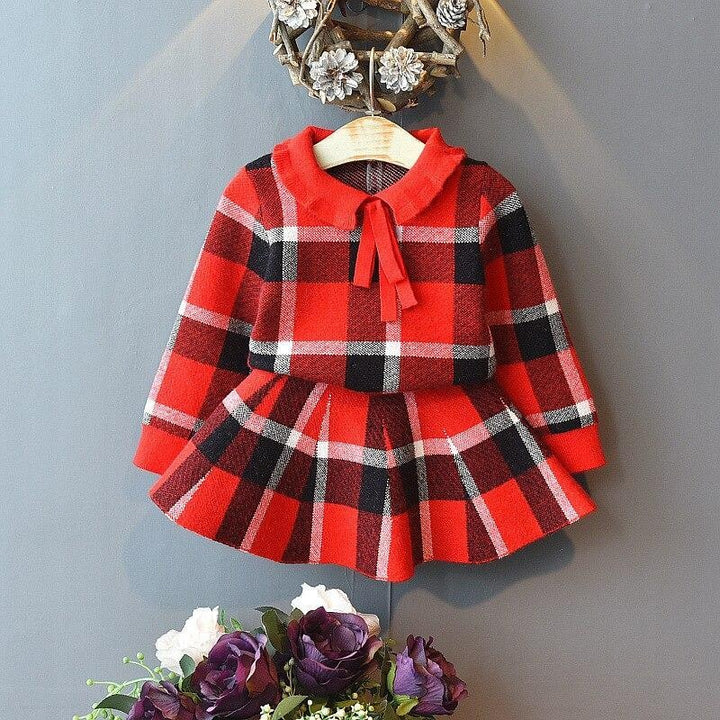 Girl Baby Knitting Clothing Set Winter Fashion Plaid Sweaters+Skirt 2 Pcs - MomyMall Red / 12-18 Months