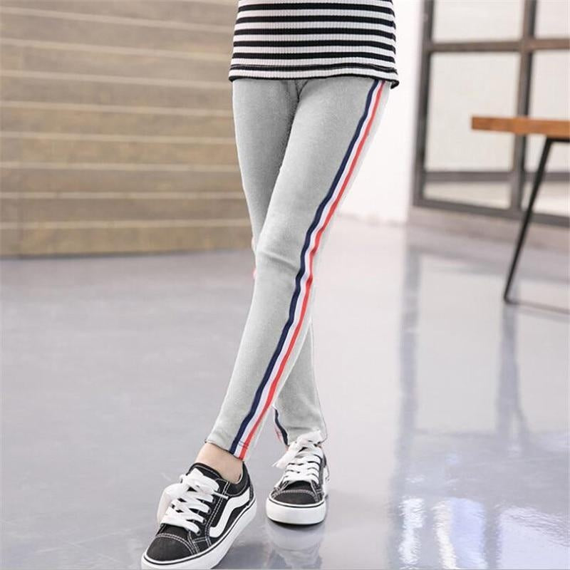 Girls Leggings Kids Pencil Pants Stripe Cotton Trousers - MomyMall Gray / 110cm:2-3years