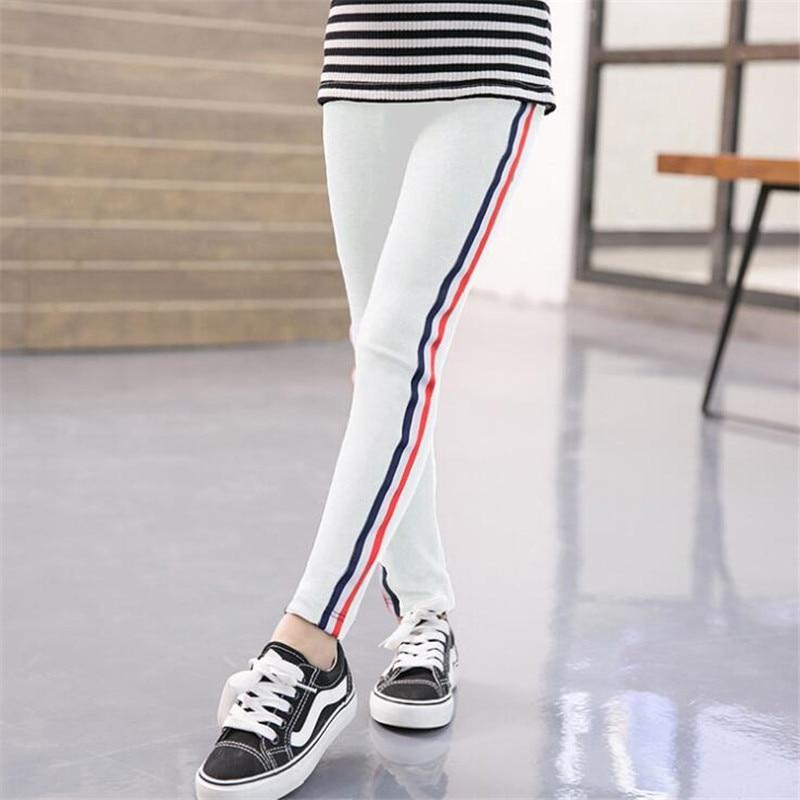 Girls Leggings Kids Pencil Pants Stripe Cotton Trousers - MomyMall White / 110cm:2-3years