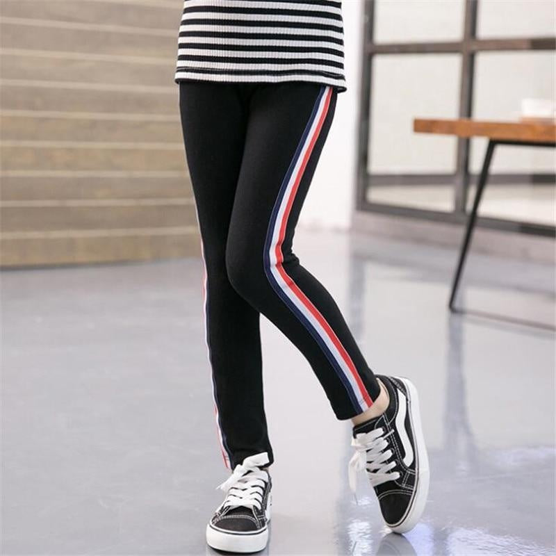 Girls Leggings Kids Pencil Pants Stripe Cotton Trousers - MomyMall Black / 110cm:2-3years