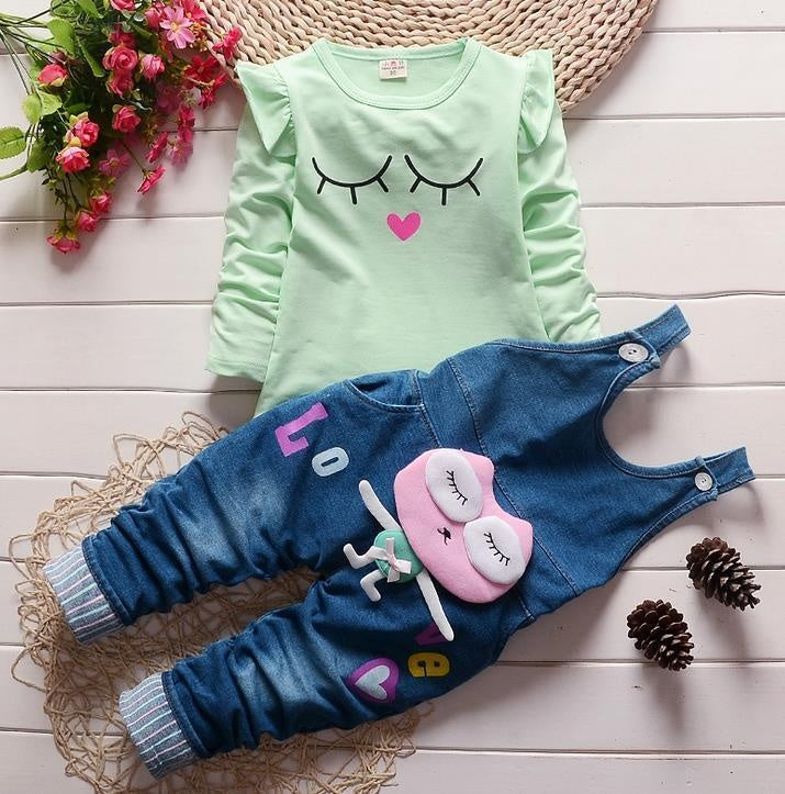 Kids Girls Denim Overalls Jeans 2 Pcs Set - MomyMall Green / 1-2 Years