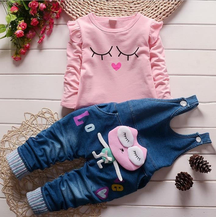 Kids Girls Denim Overalls Jeans 2 Pcs Set - MomyMall Pink / 1-2 Years