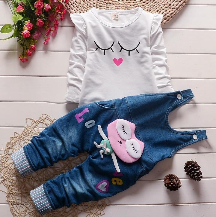 Kids Girls Denim Overalls Jeans 2 Pcs Set - MomyMall Beige / 1-2 Years