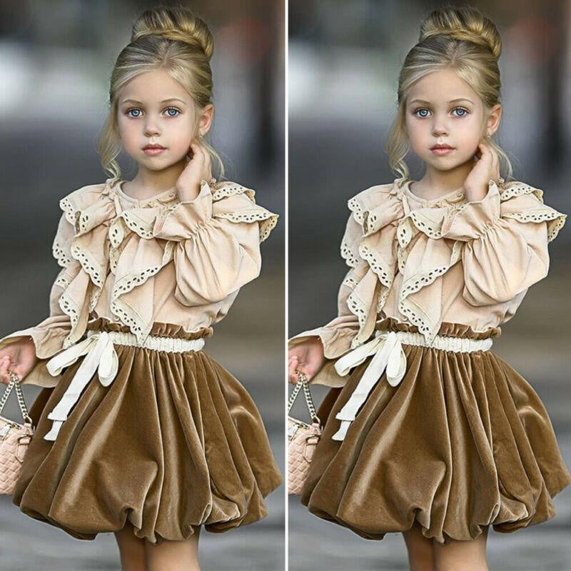 Girl Party Autumn Long Sleeve Ruffle Tops +Tutu Skirt 2 Pcs Outfits 1-6 Years - MomyMall