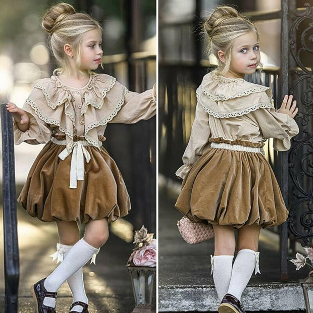Girl Party Autumn Long Sleeve Ruffle Tops +Tutu Skirt 2 Pcs Outfits 1-6 Years - MomyMall