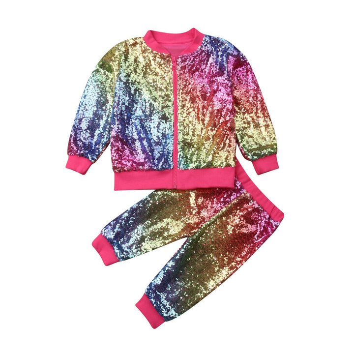 Toddler Kids Girls Outfits Shiny Hooded Zipper Sequin Tops+Bottoms 2 Pcs - MomyMall Colorful / 1-2 Years