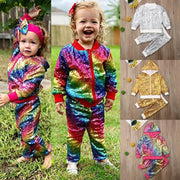 Toddler Kids Girls Outfits Shiny Hooded Zipper Sequin Tops+Bottoms 2 Pcs - MomyMall