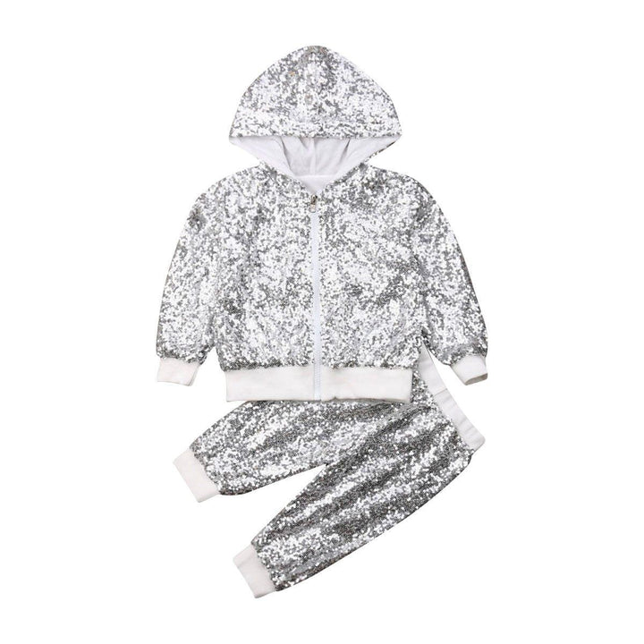 Toddler Kids Girls Outfits Shiny Hooded Zipper Sequin Tops+Bottoms 2 Pcs - MomyMall Hooded Sliver / 1-2 Years
