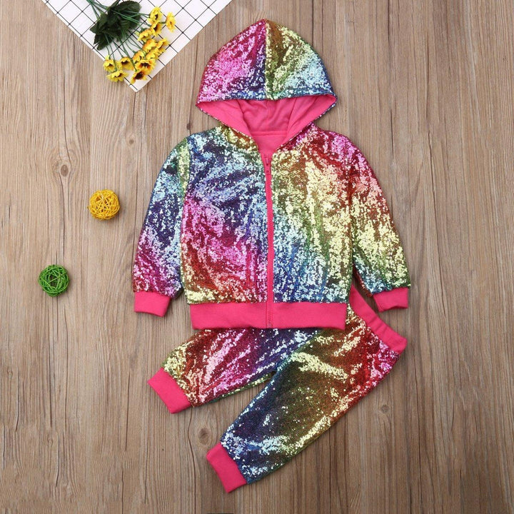 Toddler Kids Girls Outfits Shiny Hooded Zipper Sequin Tops+Bottoms 2 Pcs - MomyMall Hooded Colorful / 1-2 Years