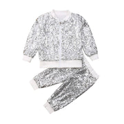 Toddler Kids Girls Outfits Shiny Hooded Zipper Sequin Tops+Bottoms 2 Pcs - MomyMall Sliver / 1-2 Years