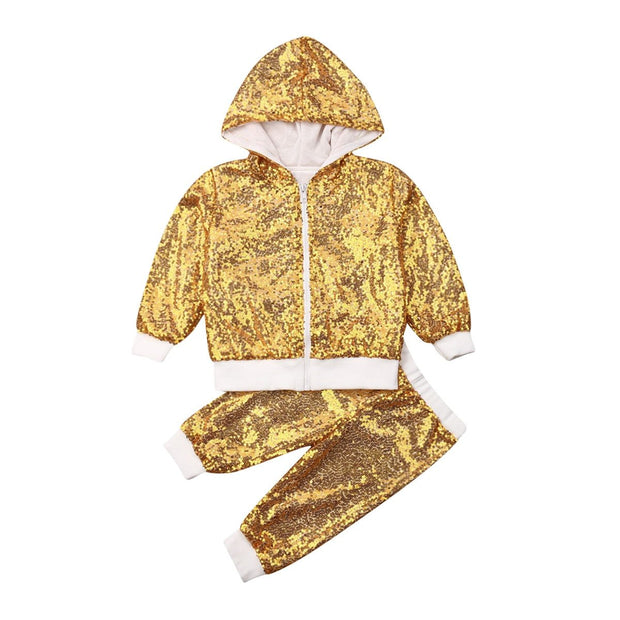 Toddler Kids Girls Outfits Shiny Hooded Zipper Sequin Tops+Bottoms 2 Pcs - MomyMall Hooded Gold / 1-2 Years