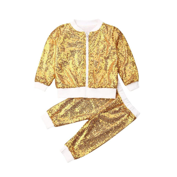 Toddler Kids Girls Outfits Shiny Hooded Zipper Sequin Tops+Bottoms 2 Pcs - MomyMall Gold / 1-2 Years