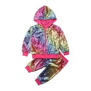 Toddler Kids Girls Outfits Shiny Hooded Zipper Sequin Tops+Bottoms 2 Pcs - MomyMall