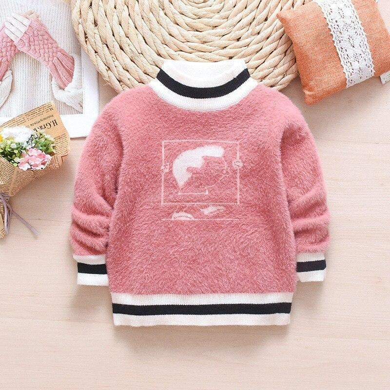 Kids Girl Autumn Winter Knit Sweater Hooded Velvet Cartoon Sweater - MomyMall watermelon red / 2-3 Years