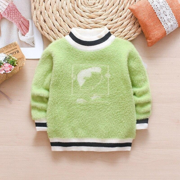 Kids Girl Autumn Winter Knit Sweater Hooded Velvet Cartoon Sweater - MomyMall Green / 2-3 Years
