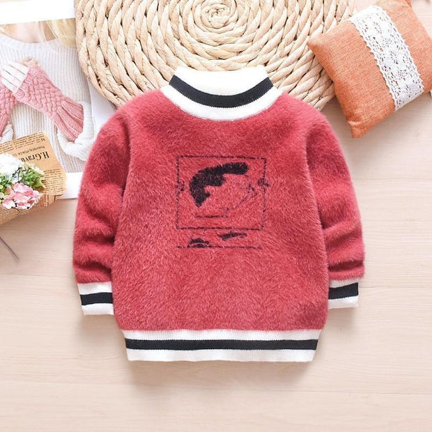 Kids Girl Autumn Winter Knit Sweater Hooded Velvet Cartoon Sweater - MomyMall Red / 2-3 Years