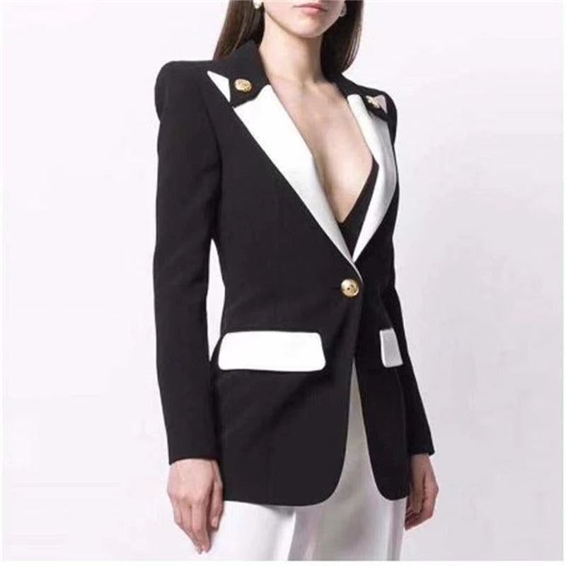 Black + White Collar Button Blazer - MomyMall