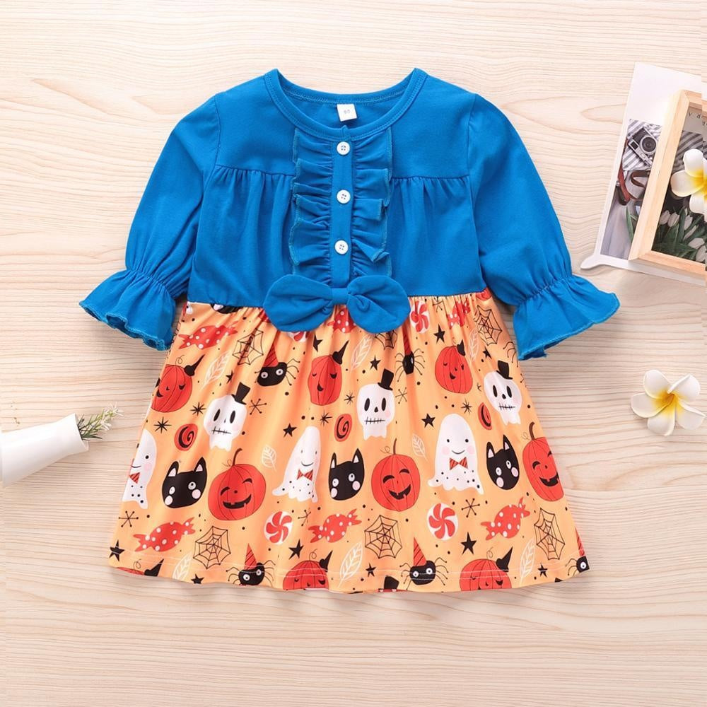 Kids Girl Halloween Long Sleeve A-line Solid Print Dress For 2-7 Years