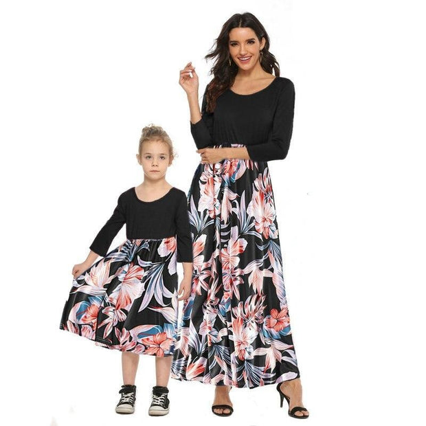 Autumn Family Matching Mom and Daughter Long Sleeve Long Dress - MomyMall Black / Mother S