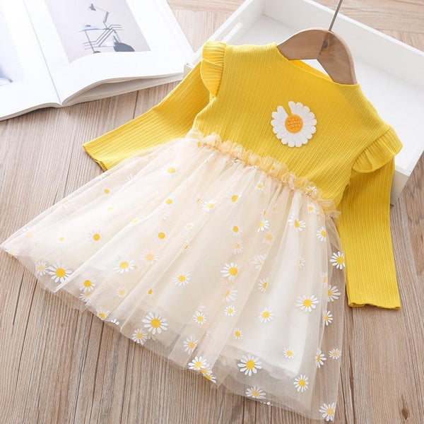 Girls Autumn Veil Printed Baby Wear Princess Dress - MomyMall Yellow / 0-6 Months