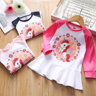 Girls Dress Cute Unicorn Cartoon Casual Floral Cotton Dresses 2-6 Years