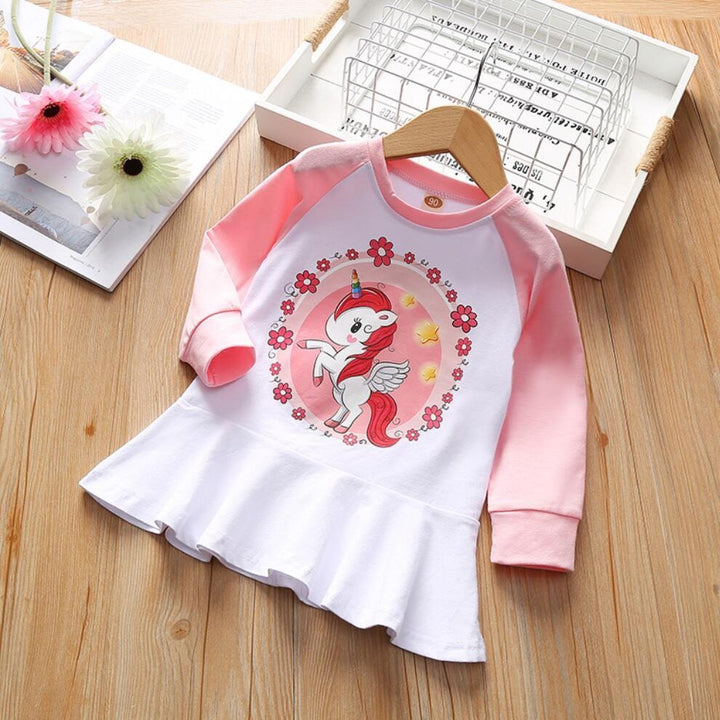 Girls Dress Cute Unicorn Cartoon Casual Floral Cotton Dresses 2-6 Years