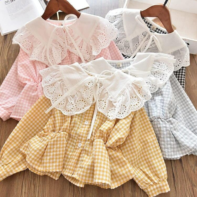 Autumn Girls Fashion Long Sleeve Plaid Cotton Blouses - MomyMall