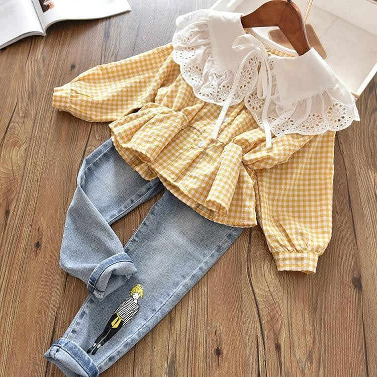 Autumn Girls Fashion Long Sleeve Plaid Cotton Blouses - MomyMall