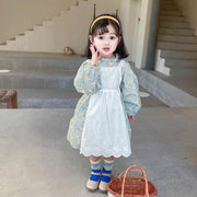 Girls Long Sleeve Floral Lolita Dress Cotton Dress with Apron 2 Pcs - MomyMall