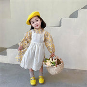 Girls Long Sleeve Floral Lolita Dress Cotton Dress with Apron 2 Pcs - MomyMall Yellow 2 Pcs / 18-24 Months